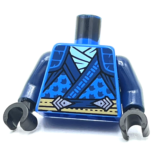 Lego Torso Robe, Dark Blue Trim, Tan Belt Print, Dark Blue Arms, Black Hands / Blue