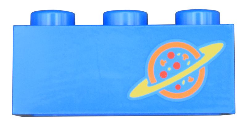 Lego Brick 1 x 3 with Orange and Yellow Ringed Planet Logo with Red Dots Pattern / Blue