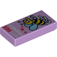 Lego Tile 1 x 2 with Bee with Hearts and 'LET'S BEE FRIENDS' Print / Lavender