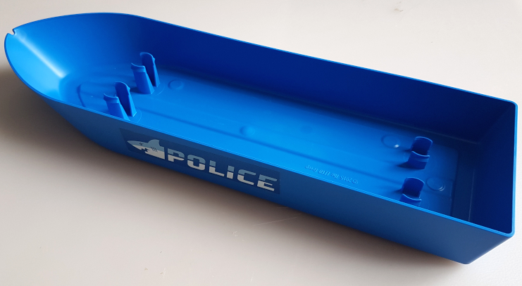 Lego Boat, Hull Unitary 41 x 12 x 5, Base with Bright Light Blue and White 'POLICE' and Shark Head Pattern on Both Sides (Stickers) - Set 60277 / Blue