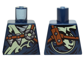 Lego Torso Ninjago Robe Tattered Yellowish Green Collar, Reddish Brown Straps, Silver Arrowheads Pattern / Dark Blue