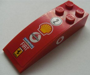 Lego Slope, Curved 6 x 2 with Number 2 in Circle, Shell, Vodafone, Olympus, Fiat, and Ferrari Logos on Top, Vodafone Logo on Both Sides Pattern (Stickers) - Sets 8672 / 8673 / Red