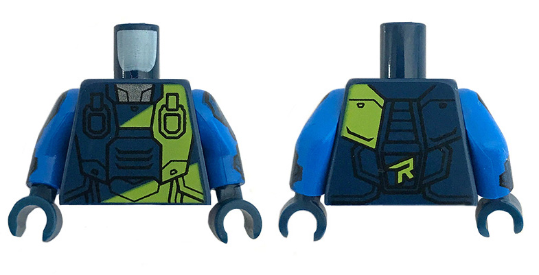 Lego Torso Spacesuit with Lime 'R' and Stripe over Reflective Shirt Pattern / Blue Arms with Dark Blue Pads / Dark Blue Hands