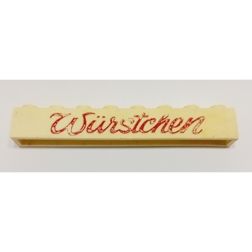 Lego Brick 1 x 8 with 'Würstchen' ('Wurstchen') Script Red Print
