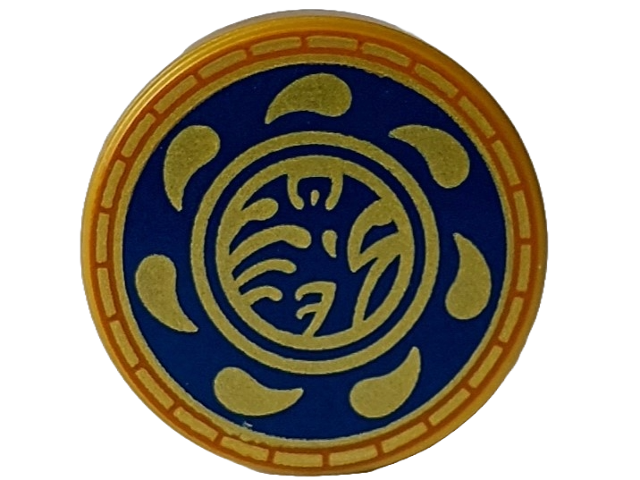 Lego Tile, Round 2 x 2 with Bottom Stud Holder with Gold Ninjago Logogram 'T OF S' and Blades / Drops in Dark Blue Circle with Dark Orange Edge Pattern