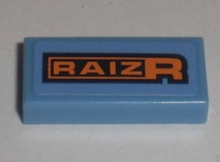 Lego Tile 1 x 2 with Orange and Black 'RAIZR' Pattern (Sticker) - Set 8193 / Medium Blue