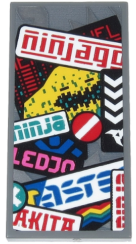 Lego Tile 2 x 4 with Red 'ninjago', Green 'ninja', Blue Ninja Silhouette, White Stripe on Red Circle and Partial Text Pattern (Sticker) - Set 71710