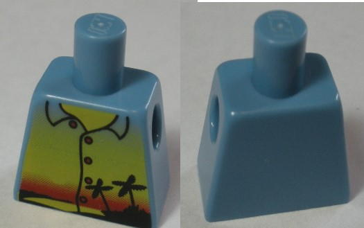 Lego Torso Shirt with Sunset and Palm Trees, Red Buttons without Back Print Pattern (BAM) / Medium Blue
