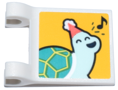 Lego Flag 2 x 2 Square with Flared Edge with Light Aqua Turtle with Dark Turquoise Shell, White and Coral Party Hat, and Music Note Pattern (Sticker) - Set 41806 / White