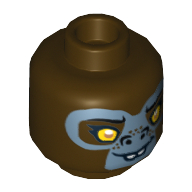 Lego Minifig Head G'Loona, Dual Sided, Gorilla with Yellow Eyes, Protruding Front Teeth and Gray Face Happy / Sad Print [Hollow Stud] / Dark Brown