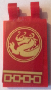 Lego Tile, Modified 2 x 3 with 2 Clips with Gold Dragon in Circle Facing Left Pattern (Sticker) - Set 70617 / Red
