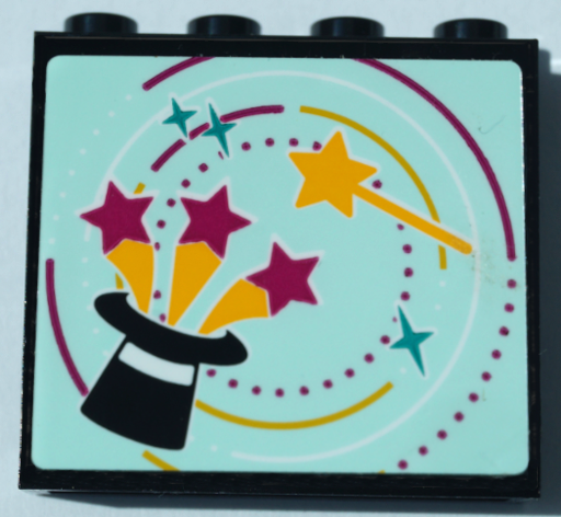 Lego Panel 1 x 4 x 3 with Side Supports - Hollow Studs with Bright Light Orange Magic Wand and Black Top Hat with Magenta Stars on Light Aqua Background Pattern (Sticker) - Set 41368 / Black