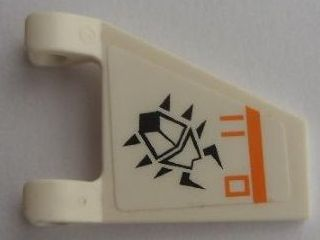 Lego Flag 2 x 2 Trapezoid with Flat Edge with Black Scarab, Orange Lines and Rectangle Pattern Model Right Side (Sticker) - Set 7693 / White