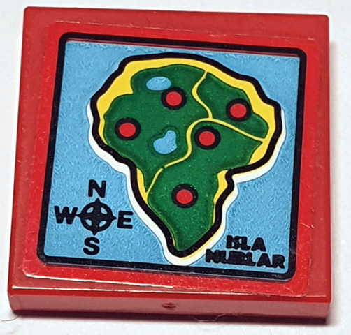 Lego Tile 2 x 2 with Map of Island, Black 'ISLA NUBLAR' and Compass Rose on Medium Azure Background Pattern (Sticker) - Set 75934