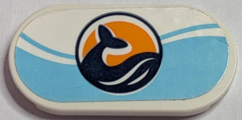Lego Tile, Round 2 x 4 Oval with Dark Blue Whale Tail in Orange Circle, Medium Azure Wavy Background Pattern (Sticker) - Set 41736 / White
