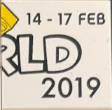 Lego Tile 2 x 2 with LEGO World Logo Right Half, '14-17 FEB', 'RLD' and '2019' Pattern / White