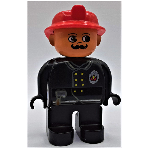 Lego Duplo Figure, Early, Fire Helmet Red, Black Legs, Gold Buttons, Axe, Fire Badge, Moustache Print / Black