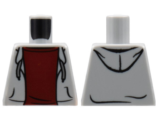 Lego Torso Hoodie Open with Pockets and Dark Bluish Gray Drawstrings over Dark Red Shirt Pattern / Light Bluish Gray