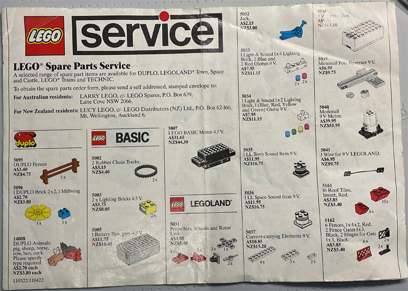 Lego 1989 Medium Service Packs AUS/NZ (110322/110422)