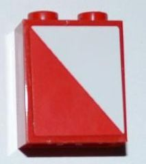 Lego Brick 1 x 2 x 2 with Inside Axle Holder with Red and White Diagonal Halves Pattern Model Right Side (Sticker) - Set 3182