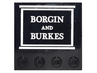 Lego Tile, Modified 4 x 4 with Studs on Edge with 'BORGIN AND BURKES' Sign Pattern (Sticker) - Set 10217 / Black