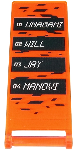 Lego Flag 7 x 3 with Bar Handle with White '01 UNAGAMI', '02 WILL', '03 JAY', and '04 MANOVI' on Black Rectangles Pattern (Sticker) - Set 71712