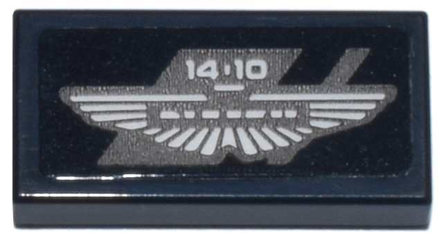Lego Tile 1 x 2 with Dark Bluish Gray and White Aston Martin Wings Logo and '14-10'  Pattern (Sticker) - Set 76925 / Black