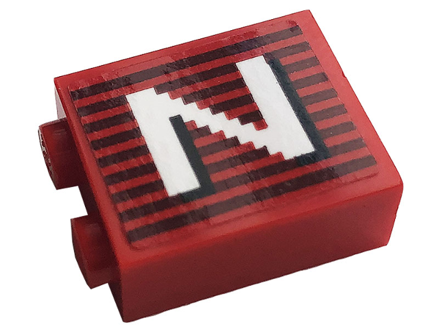 Lego Brick 1 x 2 x 2 with Inside Stud Holder with Gray Stripes and White Capital Letter N Pattern Model Left Side (Sticker) - Set 10272 / Red