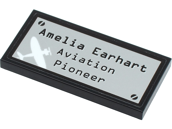 Lego Tile 2 x 4 with 'Amelia Earhart Aviation Pioneer' and White Airplane on Silver Metal Plate Pattern (Sticker) - Set 40450