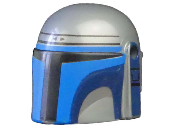 Lego Minifigure, Headgear Helmet with Holes, SW Mandalorian with Blue and Dark Blue Visor and Black Detail Lines on Left Side Pattern