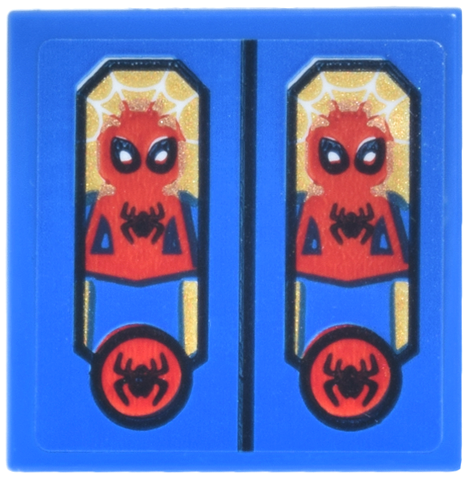 Lego Tile 2 x 2 with Toy Boxes with Spider-Man, Red and Black Spider and White and Gold Webbing Pattern (Sticker) - Set 43302 / Blue