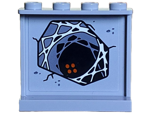 Lego Panel 1 x 4 x 3 with Side Supports - Hollow Studs with White and Dark Bluish Gray Spider Web in Black Dark Hole with 4 Dark Orange Circles Pattern (Sticker) - Set 21348 / Light Bluish Gray