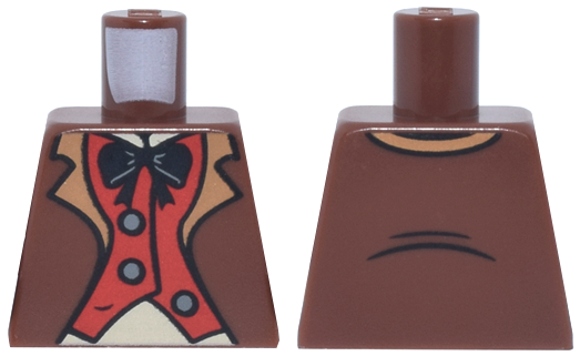 Lego Torso Jacket Open, Medium Nougat Lapels, Red Vest, Dark Bluish Gray Buttons, Bright Light Yellow Shirt, Black Bow Tie Pattern / Reddish Brown