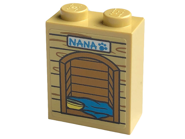 Lego Brick 1 x 2 x 2 with Inside Stud Holder with Doghouse, Bright Light Yellow Bowl, Dark Azure 'NANA', Paw Print and Blanket Pattern (Sticker) - Set 43220 / Tan