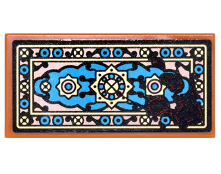Lego Tile 2 x 4 with Black and Dark Azure Oriental Rug with Black and Red Spatters Pattern (Sticker) - Set 70627 / Dark Orange