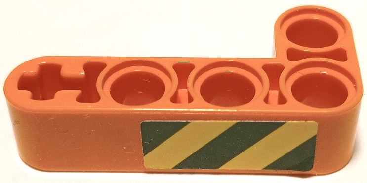 Lego Technic, Liftarm, Modified Bent Thick L-Shape 2 x 4 with Black and Yellow Danger Stripes Pattern on Outside Model Left Side (Sticker) - Set 42062 / Orange