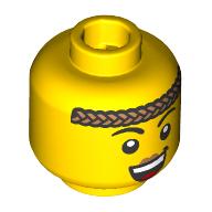 Lego Minifig Head, Arched Eyebrows, Nougat Braid Across Forehead, Open Mouth Smile, Peach Lips Print / Yellow