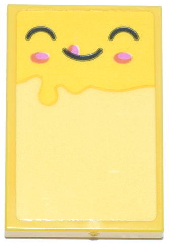 Lego Tile 2 x 3 with Black Curved Line Smiley Face and Bright Pink and Dark Orange Cheeks and Tongue and Bright Light Yellow Background Pattern (Sticker) - Set 42692