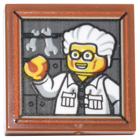Lego Tile 2 x 2 with Framed Picture of Dr. Julien Minifigure with Glasses and White Lab Coat and Light Bluish Gray Wrenches Pattern (Sticker) - Set 71837 / Dark Orange