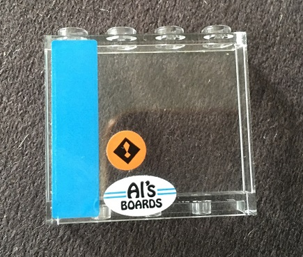 Lego Panel 1 x 4 x 3 with Side Supports - Hollow Studs with Dark Azure Stripe, Orange Exclamation Mark and 'Al's BOARDS' Pattern Model Left Side (Stickers) - Set 10252