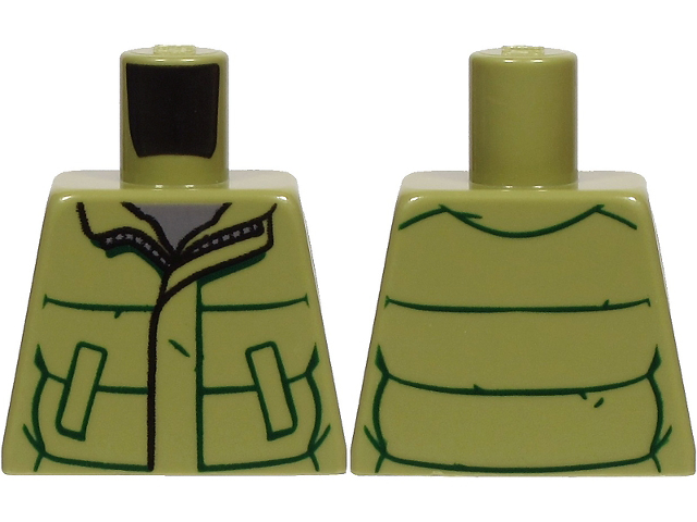 Lego Torso Winter Jacket with Dark Green Lines, Pockets and Zipper over Dark Bluish Gray Shirt Pattern / Olive Green