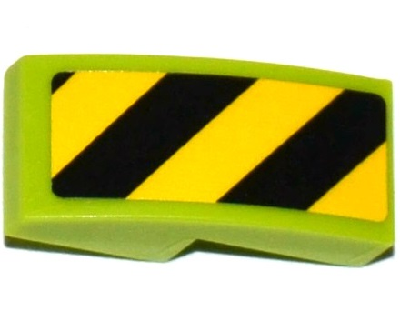 Lego Slope, Curved 2 x 1 x 2/3 with Black and Yellow Danger Stripes Pattern Left (Sticker) - Sets 60121 / 60122 / Lime