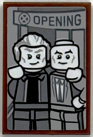 Lego Tile 2 x 3 with Photo of X-Men Logo, 'OPENING', Magneto and Professor Xavier Minifigures Pattern (Sticker) - Set 76294 / Reddish Brown