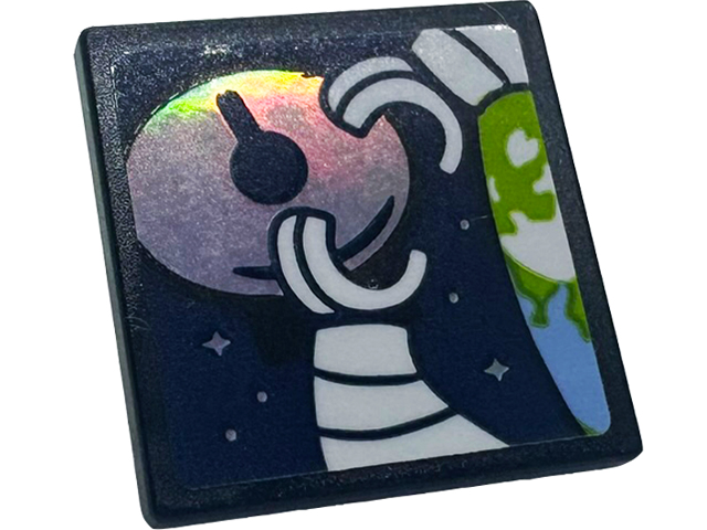 Lego Road Sign 2 x 2 Square with Open O Clip with Screen with Bright Light Blue and Lime Earth, White Minifigure Arms and Hands, Iridescent Mirrored Stars and Radar Dish on Dark Blue Background Pattern (Sticker) - Set 41713 / Black