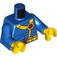 Lego Torso Muscles Outline and Yellow Shoulder Strap and Belt with X-Men Logo Buckle, Print, Blue Arms, Yellow Hands / Blue