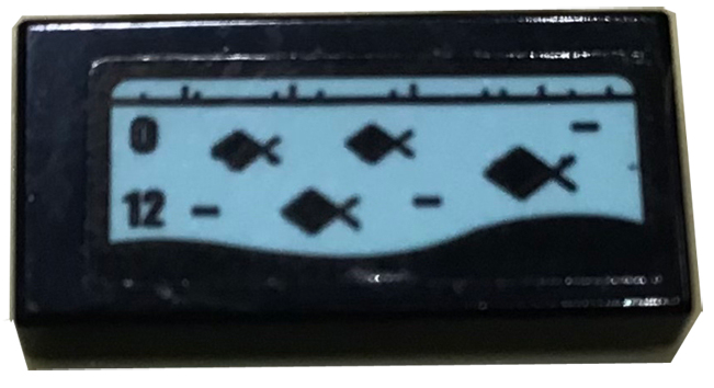 Lego Tile 1 x 2 with Fish Depth Finder, Number 0 and 12 on Bright Light Blue Background Pattern (Sticker) - Set 60147 / Black