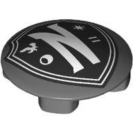 Lego Plate Round 2 x 2 with Rounded Bottom with White 'N:, Raven, Moon, Star, = on Black Shield, White Border Print