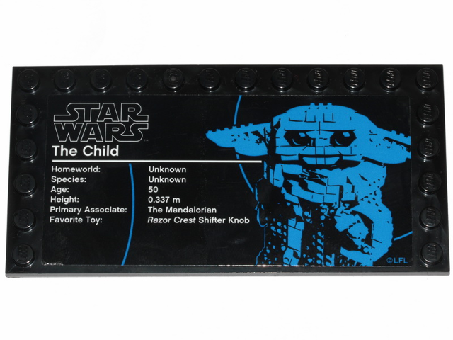 Lego Tile, Modified 6 x 12 with Studs on Edges with Star Wars Logo and 'The Child' Pattern (Sticker) - Set 75318 / Black