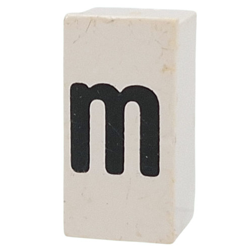 Lego Tile Special 1 x 2 x 5/6 with Stud Hole in End with 'm' Print / White