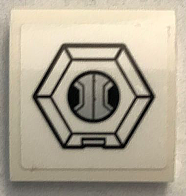 Lego Slope, Curved 2 x 2 x 2/3 with Black Hexagonal Avenjet Engine Cover on White Background Pattern (Sticker) - Set 76049 / White